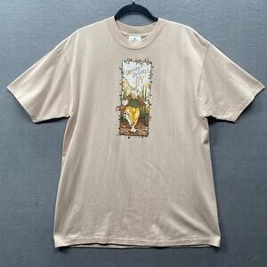 Vtg Andazia White Rabbit Late Shirt Mens L Beige Alice Wonderland Single Stitch